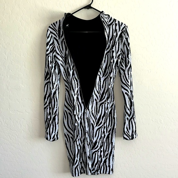 Sequin Zebra Print Long Sleeve Mini Dress - Picture 3 of 4